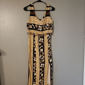 Black and Gold Floral Maxi Dress with Fringe Trim
